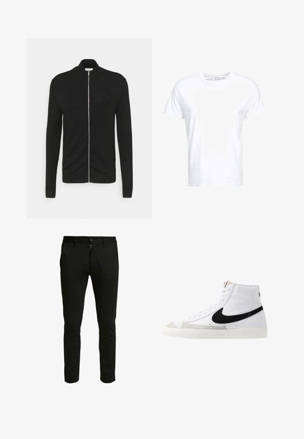 Lindbergh ZIP - Vest - black; Witte katoenen t-shirt met een ronde hals en korte mouwen, in een klassiek model met een gladde textuur. Geen patronen of hardware zichtbaar.; Zwarte, slim-fit broek van een zachte stof. Voorzien van een ritssluiting en knoopsluiting, met twee zijzakken en een schone, gladde textuur.; Witte hoge sneakers met een zwarte swoosh, textuur grijze neus en een vlakke witte zool. Kenmerkt zes veteropeningen en gestikte accenten.