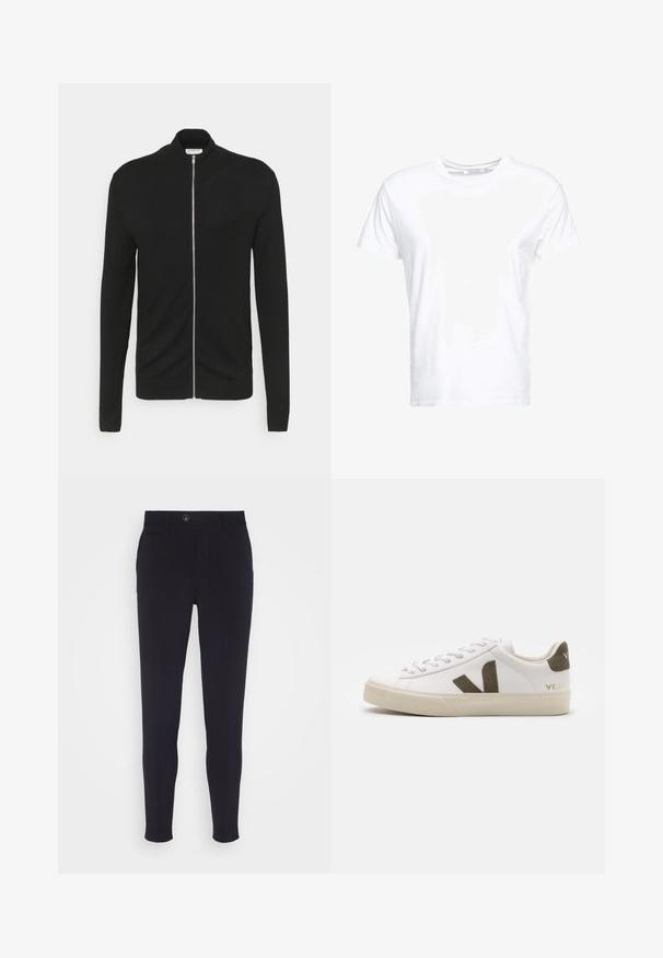 Lindbergh ZIP - Chaqueta de punto - black; Camiseta de algodón blanca con cuello redondo y mangas cortas, con un corte clásico y una textura suave. Sin patrones ni elementos metálicos visibles.; Pantalones ajustados de color azul marino, con un corte slim, que cuentan con un cierre de botón, bolsillos laterales y una tela suave con una ligera textura.; Zapatillas de cuero blanco con una suela de goma beige claro. Presenta un logo en forma de V de gamuza marrón y una pestaña en el talón. Cierre con cordones y superficie texturizada.