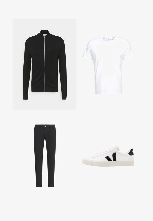 Lindbergh ZIP - Chaqueta de punto - black; Camiseta de algodón blanca con cuello redondo y mangas cortas, con un corte clásico y una textura suave. Sin patrones ni elementos metálicos visibles.; Pantalones ajustados negros con trabillas para cinturón, bolsillos delanteros y cierre de botón en la cintura.; Zapatilla de cuero blanca con acentos de ante negro; presenta una suela de goma, puntera redonda y un diseño clásico de cordones. Logo lateral en negro.