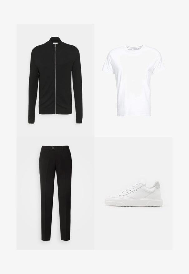 Lindbergh ZIP - Vest - black; Witte katoenen t-shirt met een ronde hals en korte mouwen, in een klassiek model met een gladde textuur. Geen patronen of hardware zichtbaar.; Zwarte rechte broek van gladde stof, met een knoopsluiting en zijzakken in een klassiek ontwerp.; Witte leren sneakers met een gladde afwerking, ronde neus, platte veters en een gestructureerde zool. Grijze suède accent bij de hiel.
