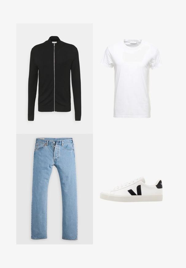 Lindbergh ZIP - Neuletakki - black; Valkoinen puuvillapaita lyhythihaisilla hihoilla, pyöreällä kaula-aukolla ja sileällä pinnalla. Tämä malli on merkitty kaula-aukossa. Yksinkertainen ja klassinen tyyli.; Vaaleansiniset suoranlahkeiset farkut, joissa on nappisulku, vyölenkit sekä etu- ja takataskut, esitelty valkoisella taustalla.; Valkoiset nahkakengät mustilla mokkanahkaosuuksilla; varustettu kumipohjalla, pyöreällä kärjellä ja klassisella nauhoitusmallilla. Sivulogo mustana.