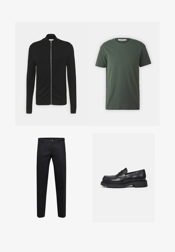 Lindbergh ZIP - Strickjacke - black; Dunkelgrünes Baumwoll-T-Shirt, kurze Ärmel, Rundhalsausschnitt, lockere Passform, schlichtes Design und glatte Textur ohne sichtbare Muster oder Akzente.; Schwarze formelle Hose mit Knopf- und Reißverschluss, geradem Schnitt und Gürtelschlaufen, auf weißem Hintergrund dargestellt.; Schwarzer Lederloafer mit dicker, profilierter Sohle und Pennyriemen-Detail, von der rechten Seitenansicht auf weißem Hintergrund gezeigt.