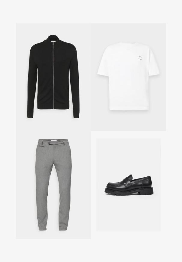 Lindbergh ZIP - Strickjacke - black; Weißes Baumwoll-T-Shirt mit lässiger Passform, kurzen Ärmeln und V-Ausschnitt. Verfügt über zwei kleine schwarze gedruckte Logos auf der linken Seite.; Graue Hose aus strukturiertem, gewebtem Stoff; Slim Fit; Fünf-Taschen-Design; Knopfverschluss; tapered Knöchel; dezentes Muster.; Schwarzer Lederloafer mit dicker, profilierter Sohle und Pennyriemen-Detail, von der rechten Seitenansicht auf weißem Hintergrund gezeigt.