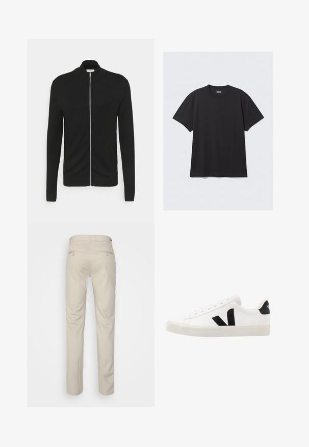 Lindbergh ZIP - Gilet - black; T-shirt noir à manches courtes en coton. Il présente un col rond et une coupe décontractée. Design simple sans motifs ni accents visibles.; Pantalon beige avec une texture lisse, coupe droite, deux poches arrière avec boutons, et une taille standard.; Sneaker blanche en cuir avec des accents en daim noir ; dispose d'une semelle en caoutchouc, d'un bout rond et d'un design classique à lacets. Logo latéral en noir.