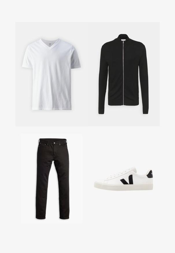 Lindbergh ZIP - Chaqueta de punto - black; Camiseta blanca de algodón de manga corta y cuello en V. Presenta un diseño liso con una textura suave y un ajuste relajado.; Jeans de mezclilla negra con un diseño de pierna recta, bolsillos frontales y cierre de botón. La tela tiene una textura suave y un detalle mínimo.; Zapatilla de cuero blanca con acentos de ante negro; presenta una suela de goma, puntera redonda y un diseño clásico de cordones. Logo lateral en negro.