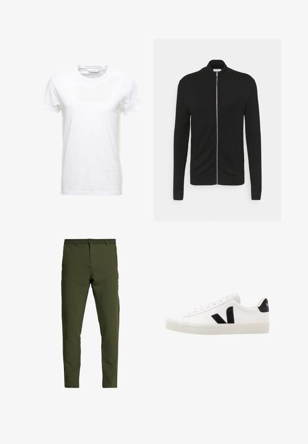 Lindbergh ZIP - Gilet - black; T-shirt en coton blanc à manches courtes, design col rond et texture lisse. Étiquette visible au niveau du col. Style simple et classique.; Pantalon vert olive à coupe slim, fabriqué à partir d'un tissu lisse et durable. Il dispose d'une fermeture éclair, d'un bouton de fermeture et de poches standard.; Sneaker blanche en cuir avec des accents en daim noir ; dispose d'une semelle en caoutchouc, d'un bout rond et d'un design classique à lacets. Logo latéral en noir.