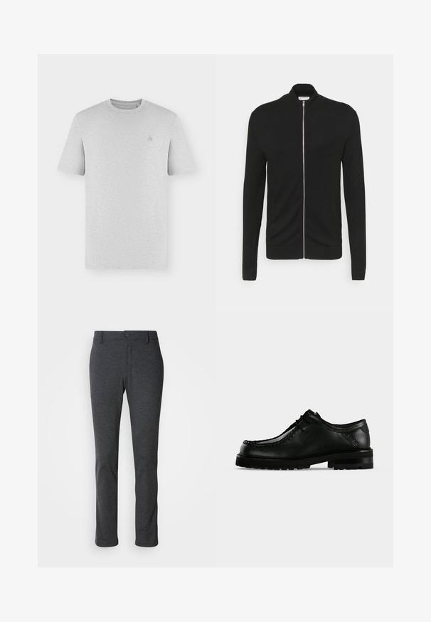 Lindbergh ZIP - Gilet - black; T-shirt uni gris clair à manches courtes, col rond, avec un petit logo brodé discret sur le côté gauche de la poitrine.; Pantalon droit gris foncé avec fermeture à bouton et à zip, passants de ceinture et texture de tissu lisse.; Chaussure en cuir noir à lacets avec semelle épaisse en caoutchouc et couture moc toe, vue de profil gauche sur fond clair uni.