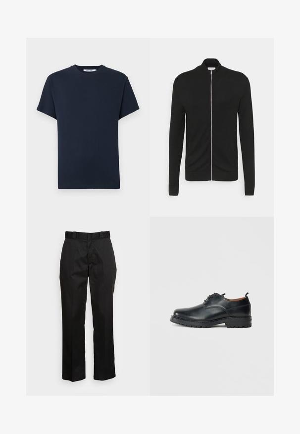 Lindbergh ZIP - Gilet - black; T-shirt à manches courtes bleu marine foncé en coton, doté d'un col rond et d'une coupe décontractée. Simple, couleur unie sans motifs.; Pantalons noirs en tissu lisse, avec une coupe droite, des passants de ceinture et deux poches latérales. Look classique sans embellissements.; Chaussures derby en cuir noir avec une texture lisse, bout rond, design à lacets et une semelle en caoutchouc épaisse et robuste.
