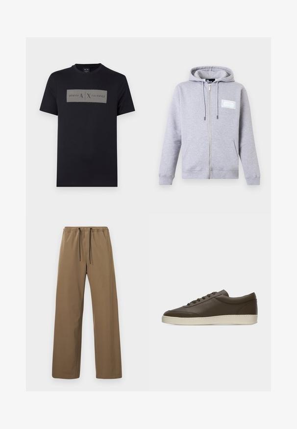 Sweat à capuche gris clair zippé avec poches avant, capuche ajustable par cordon, et une petite étiquette blanche rectangulaire sur le côté gauche de la poitrine.; T-shirt noir à manches courtes avec col rond, arborant un graphisme rectangulaire blanc avec des lignes diagonales et le logo "A|X" centré sur la poitrine.; Pantalon marron à coupe droite avec taille élastique et cordons noirs, présenté sur un fond clair uni.; Baskets basses en cuir marron foncé avec lacets sur le devant et semelle en caoutchouc couleur crème, vues de côté extérieur sur fond blanc.