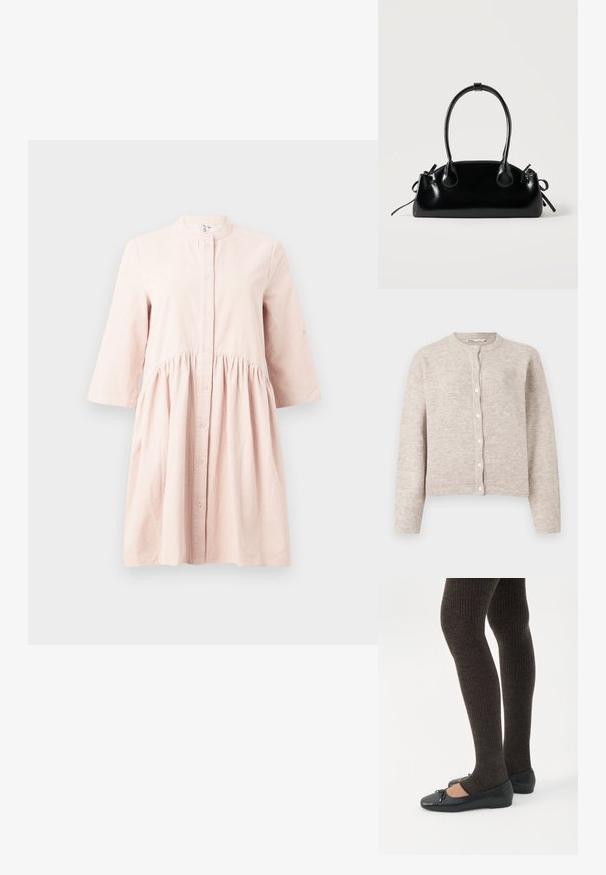 Beige strikket cardigan med rund hals, lange ærmer, knaplukning foran og ribbede mansjetter og kant. Blødt, tekstureret stof.; Lys pink, langærmet kordfløjlskjole med mandarinkrave, knaplukning foran og samlet talje-detail.; Ben iført mørke ribbede leggings kombineret med sorte balletsko med små sløjfedetaljer på hvid baggrund.; Lille sort blank håndtaske med to lange håndtag og snøre-detaljer i siden på en ensfarvet lys baggrund.