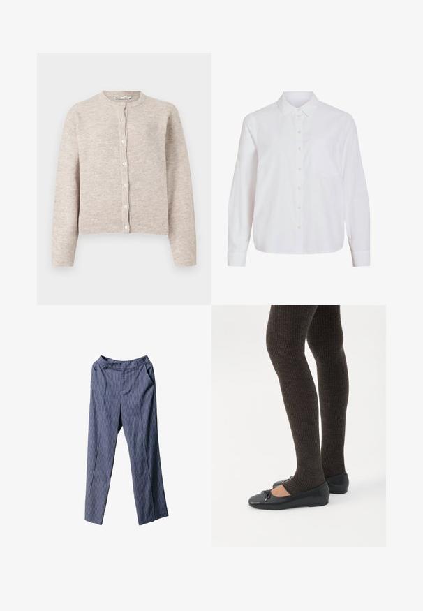 Beige gebreide cardigan met een ronde hals, lange mouwen, knoopsluiting voor en geribbelde manchetten en onderkant. Zacht, gestructureerd stof.; Wit overhemd met lange mouwen, knoopsluiting aan de voorkant, klassieke kraag, enkele borstzak, gemaakt van gladde, lichtgewicht stof met een ontspannen pasvorm.; Marineblauwe gestreepte broek met een relaxte pasvorm, elastische tailleband, zijzakken en gladde, lichte stof.; Benen met donkere geribbelde leggings gecombineerd met zwarte ballerina's met kleine strikdetails op een witte achtergrond.