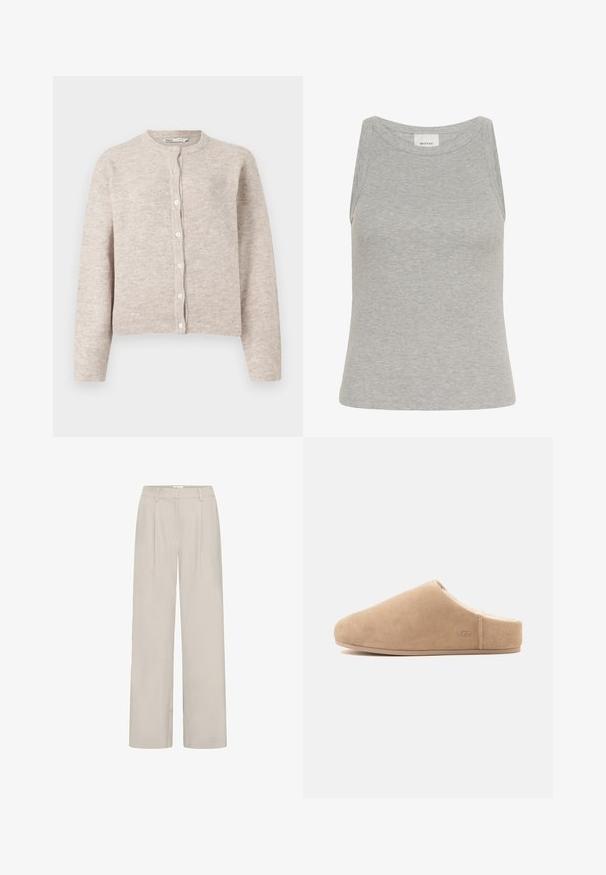 Cardigan en tricot beige avec un col rond, des manches longues, une fermeture à boutons sur le devant et des poignets et un ourlet côtelés. Tissu doux et texturé.; Débardeur gris côtelé avec un col rond et un design sans manches. Fabriqué en tissu doux, il présente une silhouette ajustée et des coutures minimales.; Pantalon large beige clair à taille haute, avec deux plis à l'avant, passants pour ceinture et texture lisse.; Chausson beige en daim à enfiler, doublure en peluche et semelle plate, bout fermé, arrière ouvert, avec un logo discret "UGG" sur le côté.