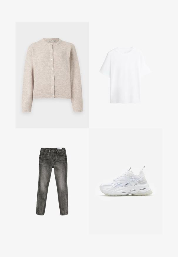 Beige neulecardigan, jossa on pyöreä kaula-aukko, täyspitkät hihat, etuosan nappikiinnitys sekä resorit hihoissa ja helmassa. Pehmeä, teksturoitu kangas.; Yksinkertainen valkoinen, lyhythihainen T-paita pyöreällä pääntiellä ja väljä istuvuus, esitetty valkoista taustaa vasten.; Kapeat mustat kuluneet farkut etutaskuilla, vyölenkeillä ja nappisuljennalla vyötäröllä.; Valkoiset tennarit paksulla pohjalla, kerrostetusta verkosta ja synteettisestä päällisestä, jossa on kuviollisia yksityiskohtia, nauhoitusjärjestelmä ja vetoketju.