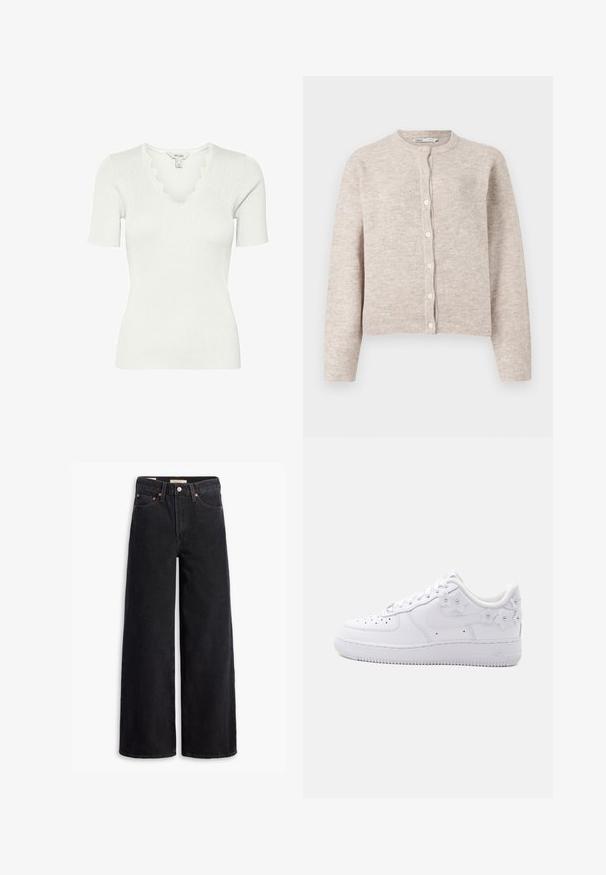 Beige strikket cardigan med rund hals, lange ærmer, knaplukning foran og ribbede mansjetter og kant. Blødt, tekstureret stof.; Hvid kortærmet ribbet top med V-hals og bølget kant. Lavet af et blødt stof, har den en tætsiddende pasform og tekstureret overflade.; Sorte brede benjeans lavet af denim, med fem lommer, kobbernitter og en klassisk knaplukning. Glat tekstur med et rent design.; Hvid lavtop sneaker med perforeret tå, Nike swoosh og dekorative hvide blomsterdetaljer på hælen og siden.
