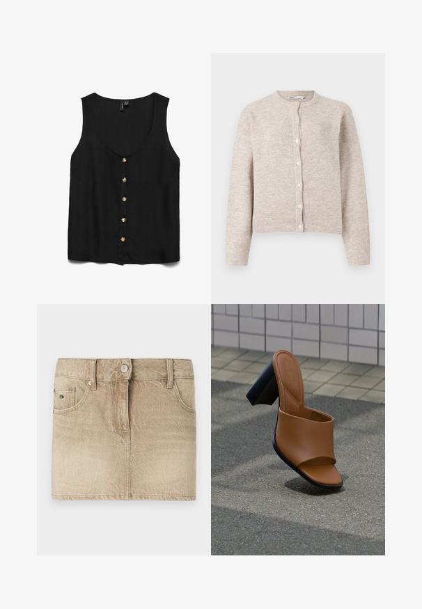 Cardigan en tricot beige avec un col rond, des manches longues, une fermeture à boutons sur le devant et des poignets et un ourlet côtelés. Tissu doux et texturé.; Blouse sans manches noire avec un décolleté en V profond, ornée de boutons dorés sur le devant et d'un tissu lisse et léger.; Jupe en denim beige mini avec une texture lisse, dotée de poches avant, d'une fermeture avec bouton et de détails de couture subtils.; Sandale à enfiler en simili cuir marron avec une texture lisse, bout ouvert et un talon épais noir. Design minimaliste, avec une large bride traversant le pied.