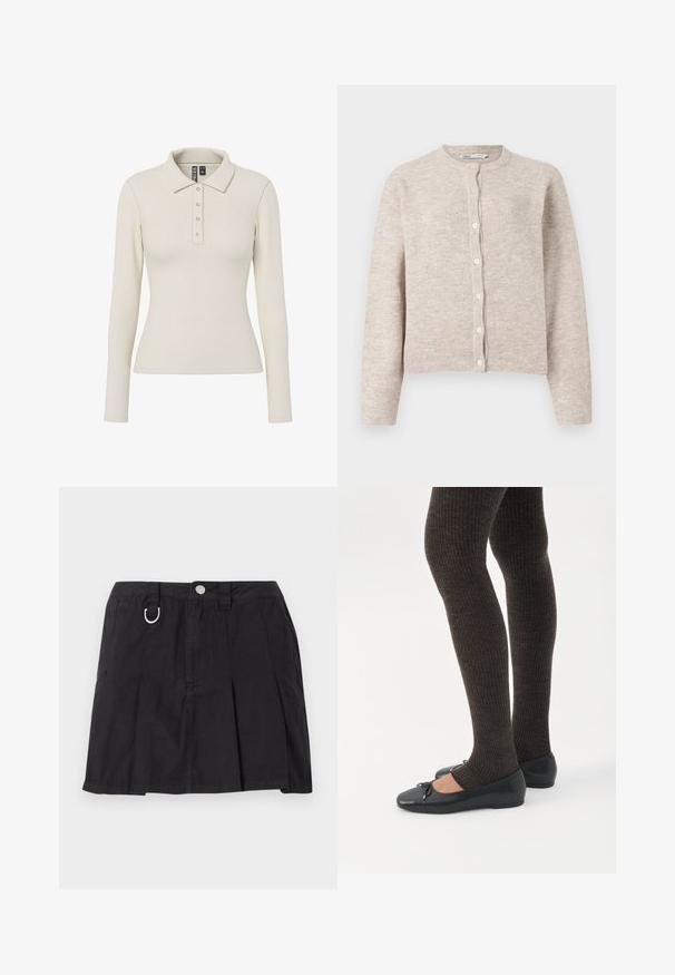 Cardigan en tricot beige avec un col rond, des manches longues, une fermeture à boutons sur le devant et des poignets et un ourlet côtelés. Tissu doux et texturé.; Polo à manches longues en tissu côtelé blanc cassé avec un col et cinq boutons métalliques sur le devant. Design ajusté.; Jupe plissée noire en coton, avec une fermeture à boutons sur le devant, des passants de ceinture et un accent en D-ring sur la taille.; Jambes portant des leggings côtelés foncés associés à des ballerines noires avec de petits détails en nœud sur fond blanc.