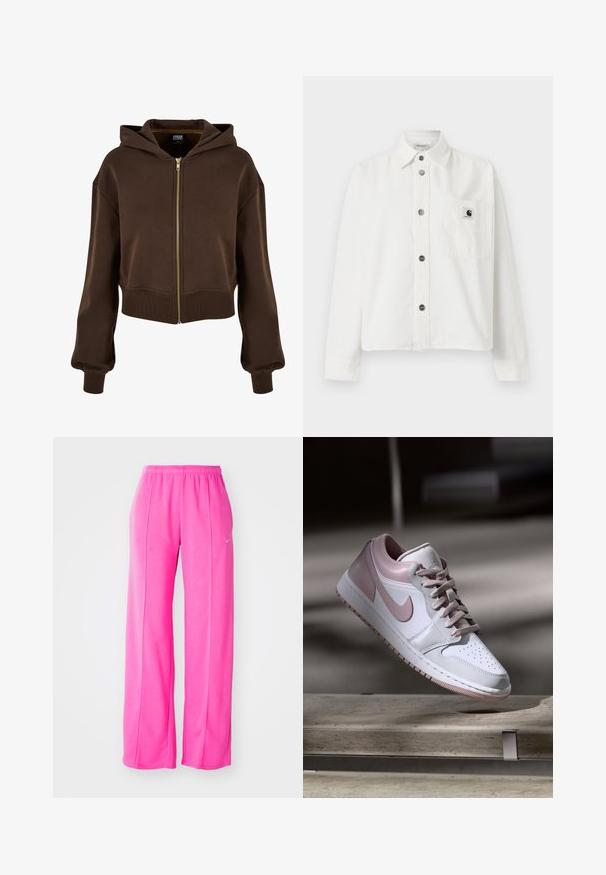 Brun cropped zip hoodie lavet af blødt stof. Har en guldfarvet lynlås, snøre i hætten og ribbede manchetter og kant for en struktureret pasform.; Hvid skjorte med lange ærmer, knapper, krave og brystlomme med en sort-hvid Carhartt logo-patch.; Lyserøde, løstsiddende, letvægts sweatsbukser med elastisk talje og sidesømme. Har et lille logo nær den øverste venstre lår.; Hvide lædersneakers med låg-top og lyserøde accenter, har perforeret tåboks, matchende snørebånd og en struktureret gummisål.