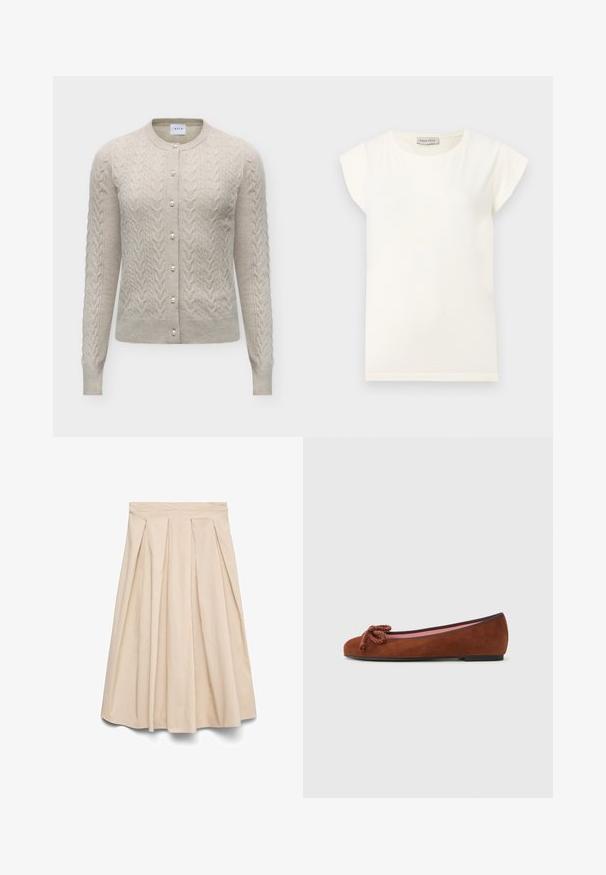Beige kabelgebreide cardigan met parelknopen en lange mouwen, met een ronde halslijn en een aangesloten silhouet.; Wit T-shirt met korte mouwen, een ronde hals en een relaxte pasvorm. Gemaakt van zachte stof met een gladde textuur en een minimalistisch ontwerp.; Beige midirok met hoge taille en plooien aan de voorkant, uitlopende silhouet en gladde stof.; Bruine suède balletschoen met een ronde neus, voorzien van een decoratieve knoop aan de voorkant en een contrasterende roze binnenvoering. Platte zool.