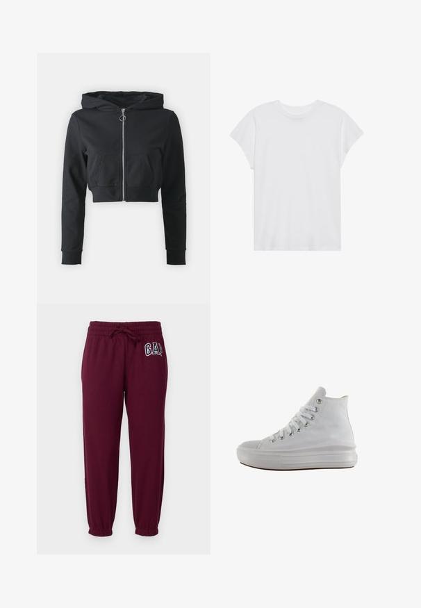 Haut de survêtement noir coupé en coton avec une fermeture éclair à l'avant, deux poches avant et des manches longues avec des poignets côtelés.; T-shirt blanc à manches courtes, col rond, coupe décontractée, en tissu de coton doux. Texture lisse, sans motifs ni logos.; GAP Petite HERITAGE - Pantalon de survêtement - ruby wine; Baskets montantes en toile blanche avec lacets blancs, œillets métalliques, semelle épaisse en caoutchouc et bout texturé, orientées vers la gauche sur fond blanc.