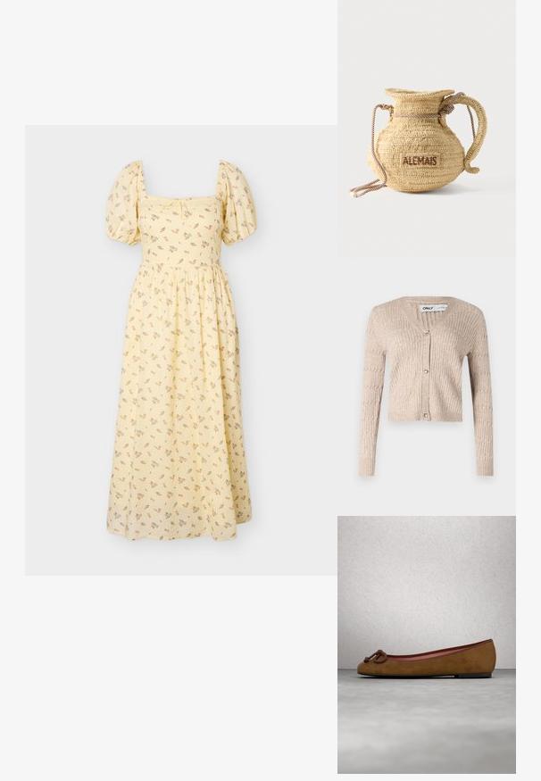 Beige strikket cardigan med lange ærmer, v-udskæring og hjerteformede guldknapper. Har ribbet tekstur og cropped design.; Gul midi-kjole med pufærmer, firkantet udskæring, delikat blomsterprint og rynket talje.; Brune ruskinds ballerina med afrundet tå, med en knyttet detalje på fronten, tynd rød kant og en flad sort sål.; Rund flettet stråtaske med håndtag af reb og "ALEMAIS" broderet på siden med brunt garn.