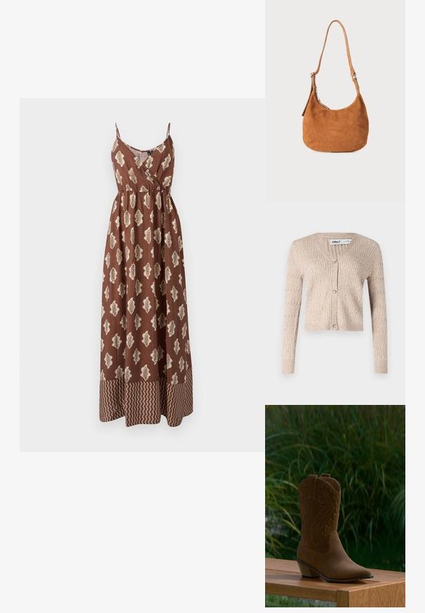 Beige gestrickte Strickjacke mit langen Ärmeln, einem V-Ausschnitt und herzförmigen goldenen Knöpfen. Hat eine gerippte Textur und ein kurzes Design.; Braunes Maxikleid mit dünnen Trägern, ausgestattet mit beigen Blättermustern und einem Zickzackakzent am Saum. Hergestellt aus leichtem Stoff.; Brauner Wildleder-Cowboystiefel mit dekorativer Naht, spitzer Schuhspitze und niedrigem, abgewinkeltem Absatz, präsentiert auf einer Holzbank im Freien.; Tasche aus hellbraunem Wildleder mit geschwungenem Design, verstellbarem Trageriemen, Metallreißverschluss und geprägtem Logodetail auf der Vorderseite.