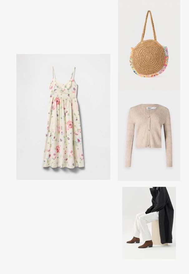 Beige strikket cardigan med lange ærmer, v-udskæring og hjerteformede guldknapper. Har ribbet tekstur og cropped design.; Cremefarvet ærmeløs midi-kjole med pink, rød, lilla og grøn blomsterprint og tynde justerbare stropper.; Brune ruskind ankelstøvler med spids tå og lav blokhælt, kombineret med hvide bukser og en sort frakke, siddende på en beige pedestal.; Rund flettet stråhåndtaske med kort rem og flerfarvede hæklet detaljer rundt kanterne.