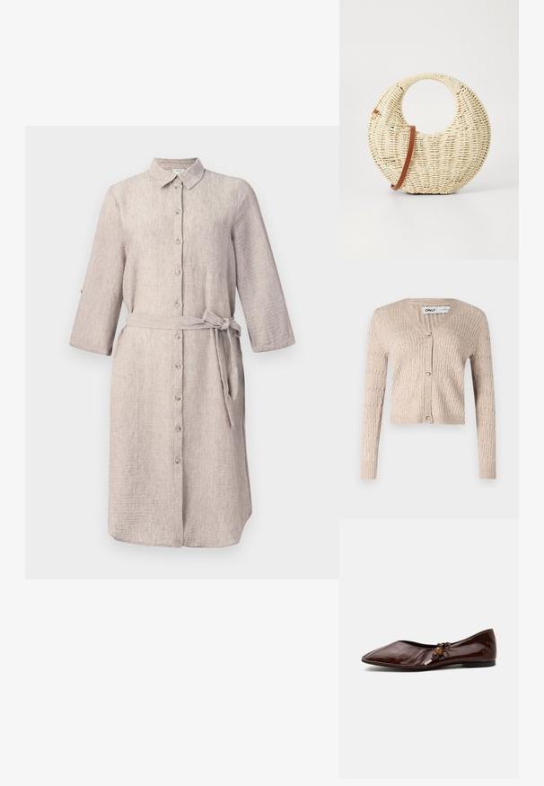 Beige strikket cardigan med lange ærmer, v-udskæring og hjerteformede guldknapper. Har ribbet tekstur og cropped design.; Lys beige linned skjortekjole med krave, lange ærmer, knaplukning foran og et matchende bælte. Har en enkelt brystlomme.; Mørkebrun spids læder flad sko med en dekorativ sløjfe og træperler på siden mod en hvid baggrund.; Rund flettet taske i naturligt strå med en tekstureret overflade. Har en glat brun læderrem og et cirkulært håndtag.
