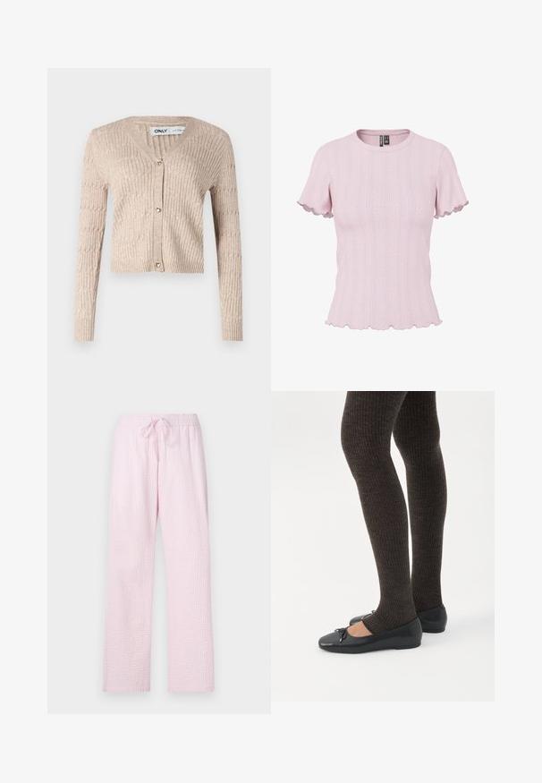Beige strikket cardigan med lange ærmer, v-udskæring og hjerteformede guldknapper. Har ribbet tekstur og cropped design.; Lyserød ribstrikket kortærmet top med bølgede kanter på ærmer og kant, rund halsudskæring og subtilt lodret mønster.; Lyserøde pyjamasbukser i et struktureret stof med en løs pasform, der har en elastisk talje og snøre til justering.; Ben iført mørke ribbede leggings kombineret med sorte balletsko med små sløjfedetaljer på hvid baggrund.