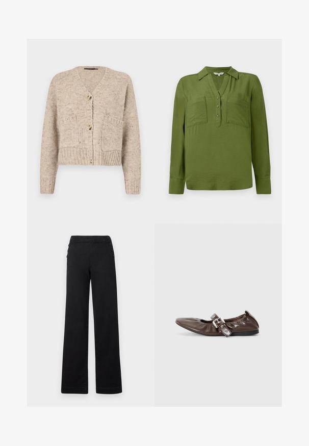 Vero Moda Knitted VMINGRID Knit - Chaqueta de punto - beige; TOM TAILOR BLOUSE STRUCTURED SOLID - Blusa - deep ivy green; Pantalones de pierna ancha negros con cintura alta, detalles de botones en los laterales y una textura de denim suave con un acabado limpio.; Zapato plano de charol marrón con puntera puntiaguda, detalle de lazo elástico y un acento de hebilla plateada en el costado. Suela de goma negra.