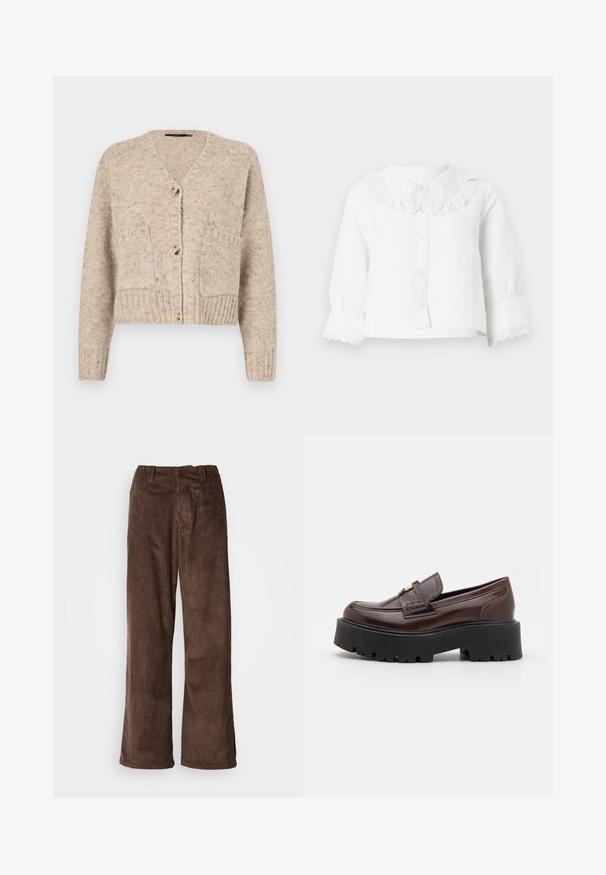 Vero Moda Knitted VMINGRID Knit - Ζακέτα - beige; Λευκό μωρουδιακό μπλουζάκι με μακριά μανίκια, γιακά και μανσέτες με δαντέλα σε σχήμα φολιδωτής άκρης, κούμπωμα με κουμπιά στη μπροστινή πλευρά και ελαφρώς σούρες στα μανίκια.; Καφέ παντελόνι καουτσούκ με φαρδιά γραμμή, που διαθέτει κάθετες ρίγες και ζώνη μέσης. Το ύφασμα έχει μαλακή, υφασμένη όψη.; Madden Girl CALISTA - Παπούτσια χωρίς κορδόνια - brown