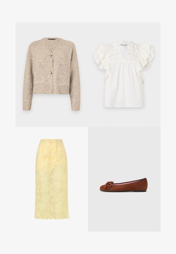Vero Moda Knitted VMINGRID Knit - Kardigan - beige; Valge pluus volangkäistega, V-kaelusega ja pitsi sisestustega rinnal. Valmistatud kerge tekstuuriga kangast.; Kollane midi seelik läbipaistva lillemustriga ülerandiga ja sakilise äärega, millel on kihilised tekstureeritud lillemustrid kogu pindalal.; Pruunist sametist tantsutallaga ballerina, millel on ümmargune varvas, esiosas dekoratiivne sõlm ja kontrastne roosa sisemine vooder. Lame tall.