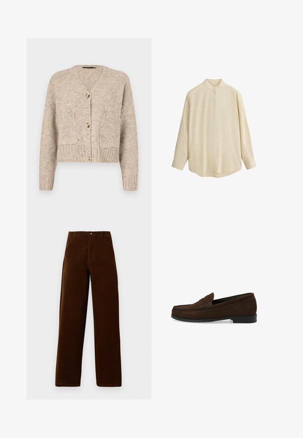 Vero Moda Knitted VMINGRID Knit - Gilet - beige; Chemise beige à manches longues avec boutons, motif subtil à rayures verticales et petit col montant.; Pantalons droits en velours côtelé marron avec poches devant, passants de ceinture et fermeture à bouton sur fond blanc.; Mocassins en suède marron avec un bout cousu en mocassin, semelle plate en caoutchouc noir et une sangle décorative ainsi que des détails.