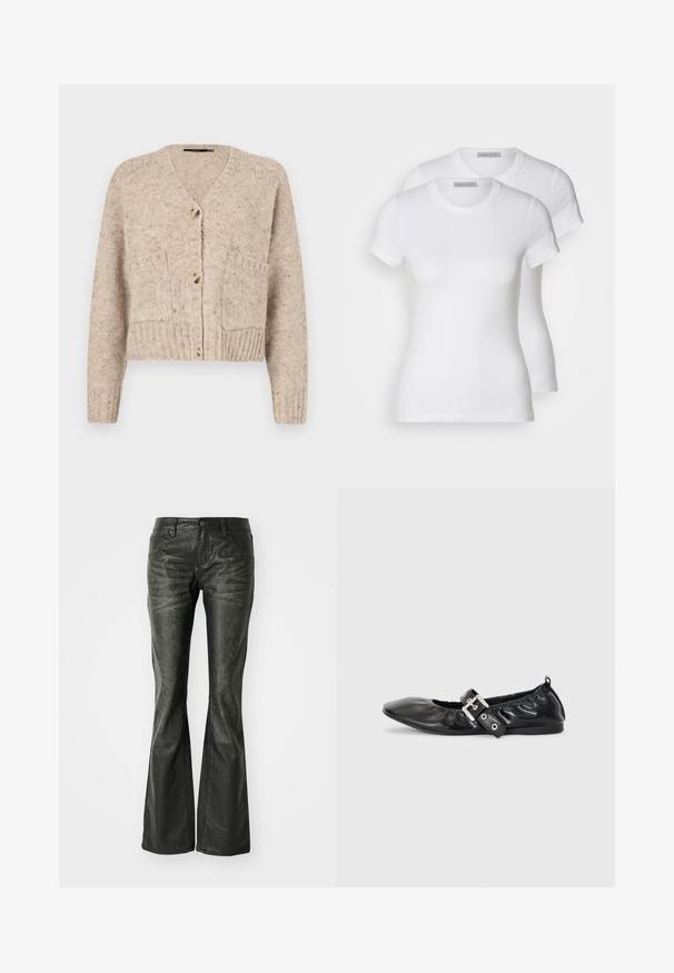 Vero Moda Knitted VMINGRID Knit - Kardigán - beige; Dvoje bielych bavlnených tričiek s krátkym rukávom, okrúhlym výstrihom a priliehavým strihom, s hladkou textúrou a minimalistickým dizajnom.; Čierne faux kožené zvonové džínsy s prednými vreckami, kovovým zapínaním a mierne textúrovaným povrchom. Priamy strih s dlhým strihom.; Čierna kožená plochá obuv s špicatou špičkou, zberaným detailom okolo otvoru a strieborným prackovým akcentom na nastaviteľnom remienku.