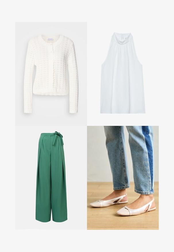 Cardigan en tricot blanc avec un motif texturé, encolure ronde et bords festonnés. Comprend cinq boutons sur le devant.; Haut sans manches blanc avec un col montant, en tissu doux, présentant des détails froncés au niveau du col et une fermeture éclair dissimulée à l'arrière.; Pantalon vert à jambes larges avec ceinture nouée, présentant des plis et une texture lisse. Conçu pour une coupe décontractée et un style polyvalent.; Ballerines slingback rose pâle avec un bout pointu, fabriquées en un matériau semblable au cuir lisse. Présentent des découpes sur les côtés et un talon plat.