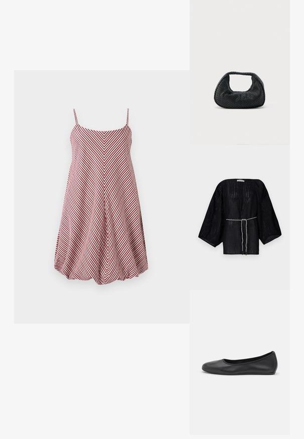 Must haavaga must avatud kimono, millel on laiad varrukad ja mis on valmistatud tekstureeritud kangast. Sellel on kitsendatud vöökoht, millel on hõbedane punutud pael.; Punase ja valge triibuline ilma varrukateta kleit, millel on sobiv kehaosa ja laienev seelik, koos chevron-mustriga ja reguleeritavate õhukeste rihmadega.; Musthave mustika tantsutossud mustast nahast, ümmarguse varbaga, siledast tekstuurist, minimaalse õmblusdetailiga ja paindliku tallakujundusega.; Mustast punutud hobukott pehme struktuuri ja integreeritud sangaga, esitatud lihtsal heledal taustal.