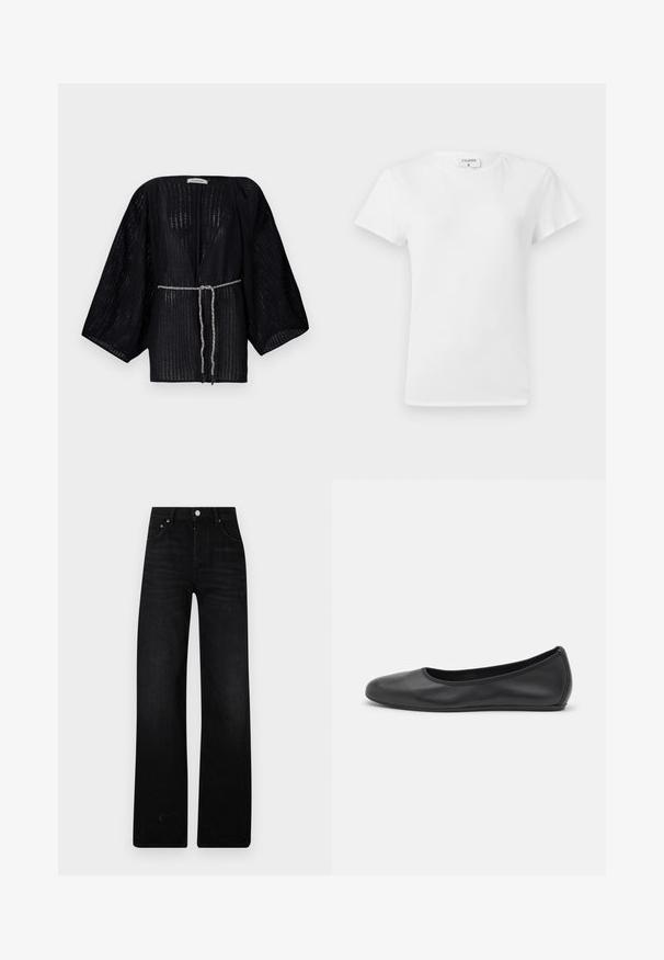 Zwarte, open-front kimono met brede mouwen, gemaakt van textuurstof. Heeft een toegestepte taille met een zilveren gevlochten strik.; Witte katoenen t-shirt met ronde hals en korte mouwen, met een relaxed fit en een minimalistisch ontwerp. Etiket zichtbaar aan de hals.; Zwarte wijde jeans gemaakt van denim. Kenmerken zijn een hoge taille, twee frontzakken en een metalen knoopsluiting. Gelaagde afwerking met minimale vervaging.; Zwarte leren ballerina met een ronde neus, gladde textuur, minimale stikdetails en een flexibele zoolontwerp.