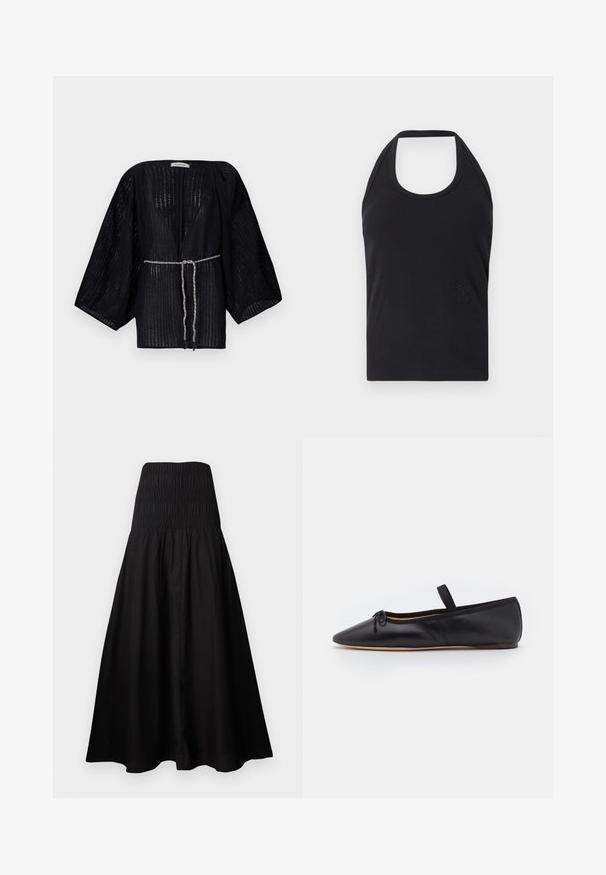 Kimono noir à l'avant ouvert avec de larges manches, fabriqué à partir d'un tissu texturé. Présente une taille cintrée avec un lien tressé argenté.; CLOSED NECK HOLDER - Débardeur - black; Robe midi noire sans bretelles avec corsage froncé ajusté et jupe évasée, en tissu léger.; Ballerine en cuir noir avec un bout pointu, détail de nœud à l'avant, bande élastique, et un design minimaliste. Texture lisse avec une semelle flexible.