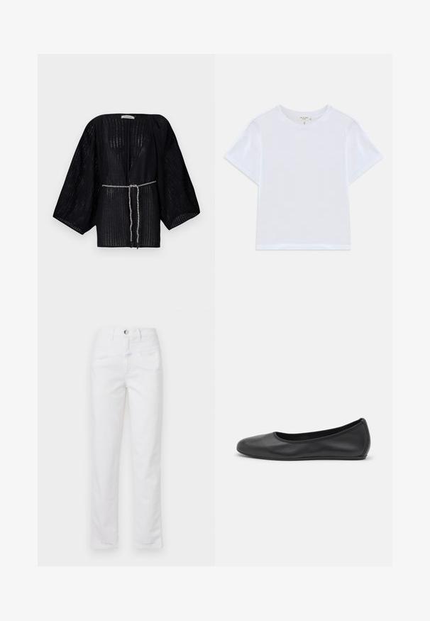 Kimono noir à l'avant ouvert avec de larges manches, fabriqué à partir d'un tissu texturé. Présente une taille cintrée avec un lien tressé argenté.; T-shirt blanc court en coton doux, avec un col rond et des manches courtes, d'ajustement légèrement décontracté. Pas de motifs ni d'accents.; Jeans en denim blanc avec un design à jambe droite, cinq poches et une fermeture à bouton à l'avant. Texture lisse avec des détails de couture subtils.; Ballerines en cuir noir avec un bout rond, texture lisse, détails de couture minimalistes et design de semelle flexible.