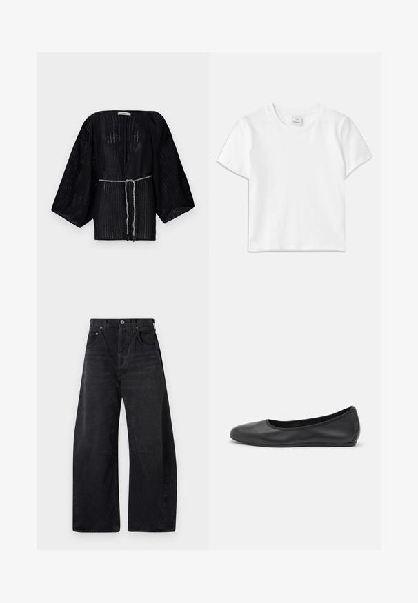 Sort kimono med åbent foran og brede ærmer, lavet af tekstureret stof. Har en indsnævret talje med et sølvfarvet, fletbundt bånd.; Hvid bomulds-t-shirt med rund hals, korte ærmer og lige kant. Mærke med teksten "Won Hundred" placeret i midten af halsudskæringen.; Citizens of Humanity HORSESHOE - Jeans Relaxed Fit - black; Sort læderballetsko med rund tå, glat tekstur, minimal syning og et fleksibelt såldesign.