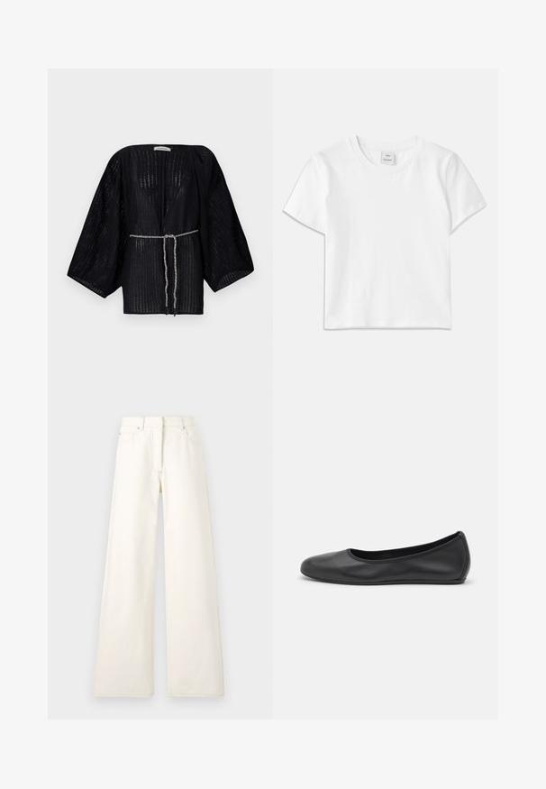 Zwarte, open-front kimono met brede mouwen, gemaakt van textuurstof. Heeft een toegestepte taille met een zilveren gevlochten strik.; Witte katoenen t-shirt met een ronde hals, korte mouwen en een rechte zoom. Label met "Won Hundred" aan de voorkant van de halslijn.; Wijdbenige, crèmekleurige broek van denim met zichtbare stiksels en zakken. Het ontwerp heeft een hoge taille en een recht gesneden silhouet.; Zwarte leren ballerina met een ronde neus, gladde textuur, minimale stikdetails en een flexibele zoolontwerp.