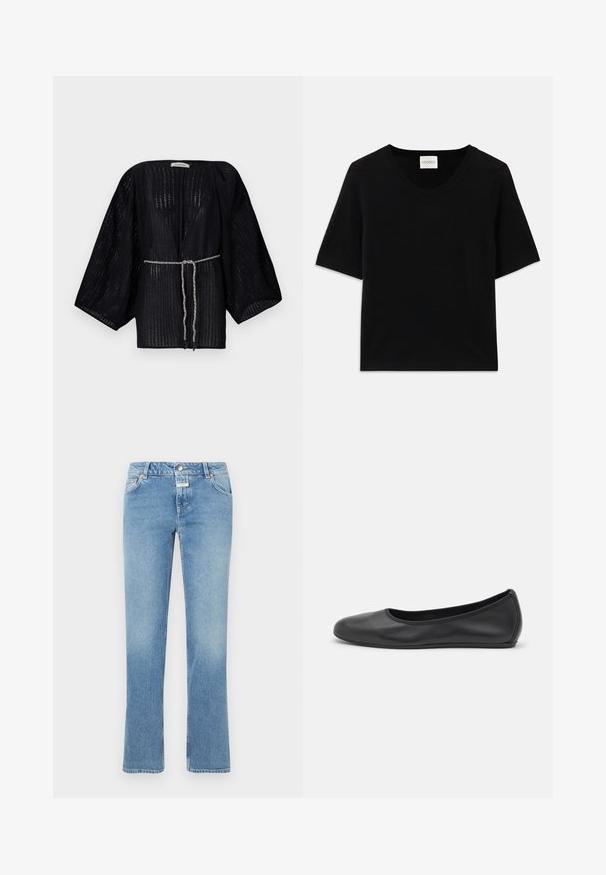 Kimono negro de frente abierto con mangas anchas, hecho de una tela texturizada. Cuenta con una cintura ceñida con un lazo trenzado plateado.; Top de punto negro de manga corta con cuello redondo. Presenta una textura suave y acentos de canalé a lo largo del cuello y las mangas.; Vaqueros de mezclilla azul con un diseño de pierna recta, cintura de subida media, cinco bolsillos y un ligero desgaste en toda la tela.; Bailarina de piel negra con punta redondeada, textura suave, detalle de costura minimalista y diseño de suela flexible.