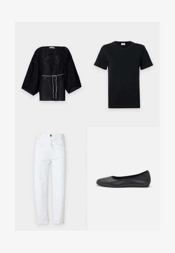 Sort kimono med åbent foran og brede ærmer, lavet af tekstureret stof. Har en indsnævret talje med et sølvfarvet, fletbundt bånd.; Sort bomulds t-shirt med korte ærmer og rund hals, med en subtil logo detalje på den nederste front og en lige skåret kant.; Hvide denim jeans med høj talje, lige snit, to frontlommer og en enkelt baglomme. Har en metalknap og lynlås.; Sort læderballetsko med rund tå, glat tekstur, minimal syning og et fleksibelt såldesign.