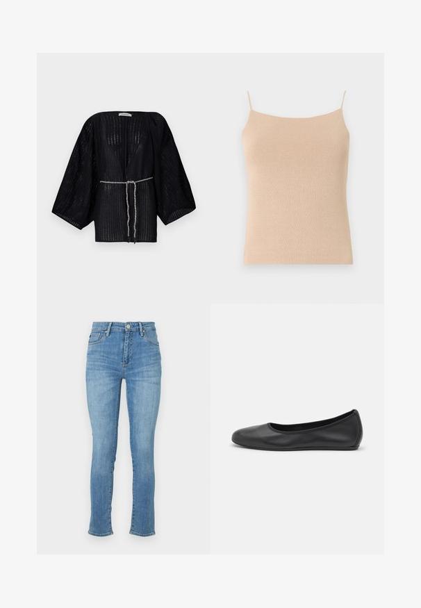 Schwarzer, offener Kimono mit weiten Ärmeln, aus strukturiertem Stoff gefertigt. Verfügt über eine taillierte Taille mit einem silbernen geflochtenen Band.; Beige gestricktes Cami mit dünnen Trägern, das ein tailliertes Design und einen strukturierten Stoff aufweist, ideal zum Layering oder für legere Outfits.; Hellblaue Denim-Jeans mit schlanker Passform, mittelhohem Bund, Fünf-Taschen-Design und dezenten Ausbleichungen an den Oberschenkeln, mit gestickten Akzenten.; Schwarze Leder-Ballettschuhe mit abgerundeter Spitze, glatter Textur, minimalen Nähdetails und einem flexiblen Sohlen-Design.