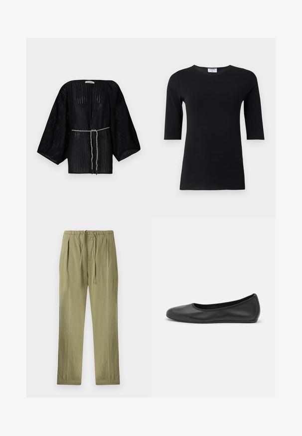 Kimono negro de frente abierto con mangas anchas, hecho de una tela texturizada. Cuenta con una cintura ceñida con un lazo trenzado plateado.; Top negro de manga larga hecho de una tela suave y elástica. Presenta un escote redondo y una silueta ajustada con mangas de longitud media.; Pantalones de algodón en un verde oliva claro, con cintura elástica ajustable, pliegues y diseño de pierna recta. Textura suave con acentos mínimos.; Bailarina de piel negra con punta redondeada, textura suave, detalle de costura minimalista y diseño de suela flexible.
