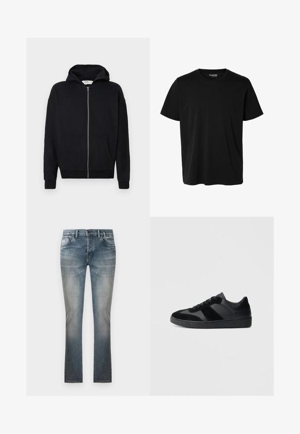 Haut à capuche noir zippé avec cordon de serrage, manches longues, poches avant et poignets côtelés. Fabriqué en tissu doux et texturé.; T-shirt noir uni à manches courtes et col rond pour homme, sans motifs ni logos visibles à l’avant.; Jean droit bleu délavé avec poches avant, passants pour ceinture et fermeture par bouton, présenté sur un fond blanc uni.; Baskets noires combinant cuir lisse et daim, avec une semelle en caoutchouc noire texturée et un détail de rayures discrètes.