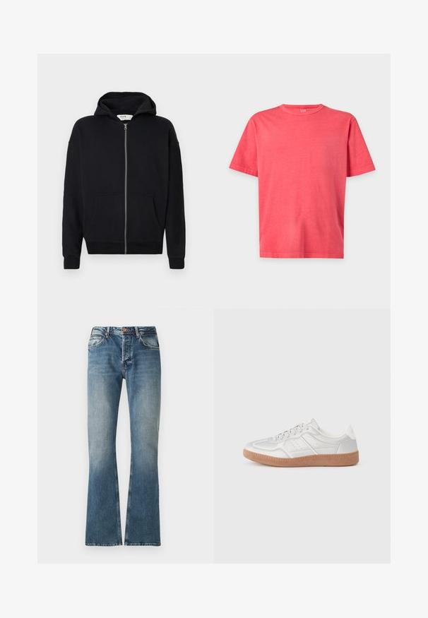 Schwarze Zip-Hoodie mit Kapuze zum Ziehen, langen Ärmeln, vorderen Taschen und gerippten Bündchen. Hergestellt aus weichem, strukturiertem Stoff.; Schlichtes helles korallenrosa T-Shirt mit kurzen Ärmeln und Rundhalsausschnitt in regulärer Passform auf weißem Hintergrund.; Blaue Jeans aus Denim mit einem verwaschenen Effekt, geradem Bein Schnitt, Knopf- und Reißverschluss und fünf Taschen Design.; Silberne Sneakers mit glatter Textur, Schnürdesign, durchbrochenen Akzenten und einer strukturierten braunen Gummisohle.