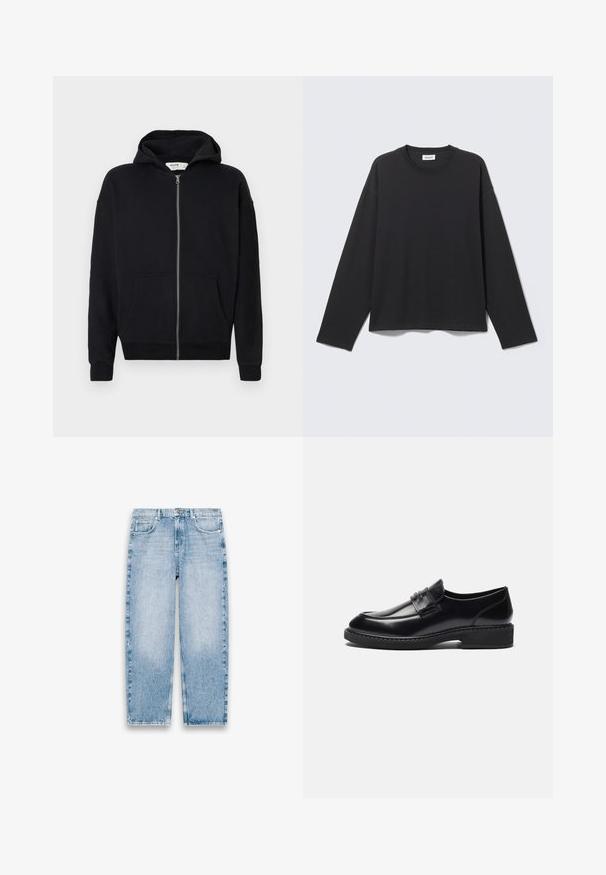 Sort zip-up hoodie med snøre i hætten, lange ærmer, frontlommer og ribbede manchetter. Lavet af blødt, struktureret stof.; Sort langærmet t-shirt med rund hals og enkel, løs pasform, vist fladt mod en lys grå baggrund.; Lyseblå denimjeans med lige ben, fem lommer, bæltestropper og lukning med knap og lynlås foran på hvid baggrund.; Zign by Zalando LEATHER - Business loafers - black