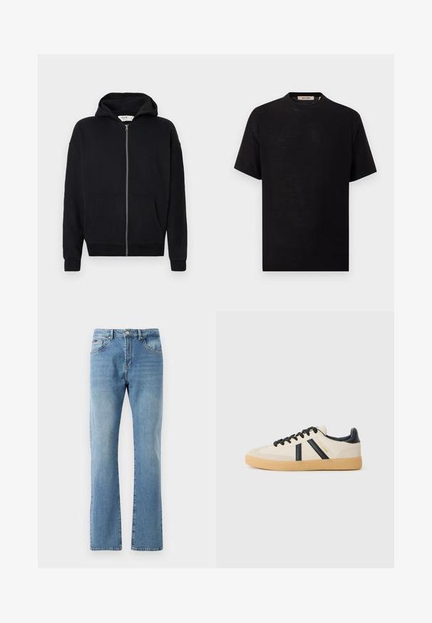 Sudadera negra con cremallera y capucha con cordón, mangas largas, bolsillos frontales y puños de ribete. Hecha de una tela suave y texturizada.; Camiseta negra de manga corta con cuello redondo y etiqueta "Only & Sons" en el interior del cuello, presentada sobre un fondo blanco.; Jeans de mezclilla de color azul claro con un corte recto, cinco bolsillos y un desgaste sutil. Presentan una cintura clásica y dobladillo recto en los tobillos.; Zapatillas casuales en crema con rayas negras, con parte superior texturizada y suela de goma. Los cordones son negros. Logo sutil en el costado.