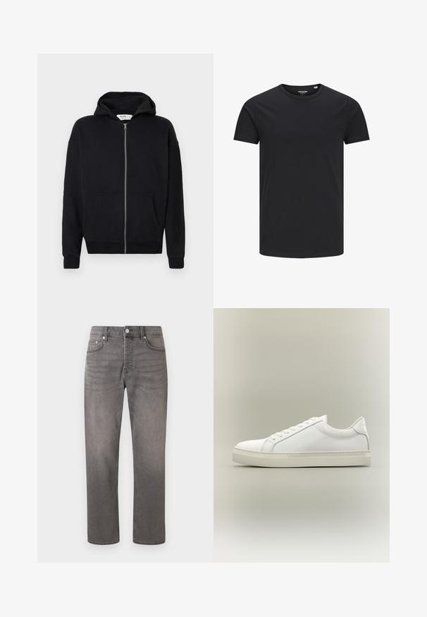 Haut à capuche noir zippé avec cordon de serrage, manches longues, poches avant et poignets côtelés. Fabriqué en tissu doux et texturé.; T-shirt en coton noir avec un col rond, des manches courtes et un design simple. Texture lisse, sans motifs ni éléments visibles.; Jean gris à jambes droites avec bouton avant, fermeture éclair, passants de ceinture et design classique à cinq poches sur fond blanc.; Baskets blanches basses à lacets sur l’avant et semelle épaisse, vues de côté sur un fond neutre.