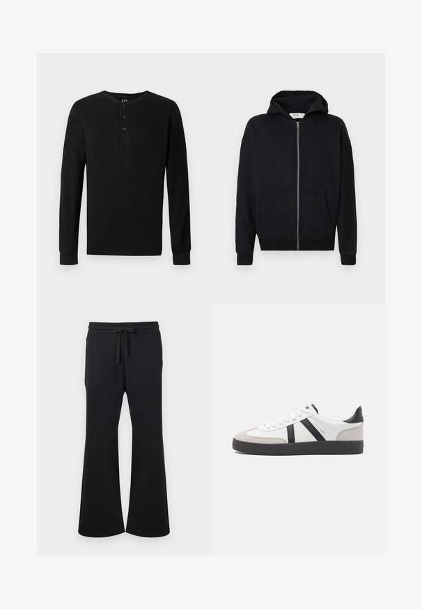 Sort zip-up hoodie med snøre i hætten, lange ærmer, frontlommer og ribbede manchetter. Lavet af blødt, struktureret stof.; Sort langærmet henley skjorte med tre-knaps placket ved halsen, blød tekstur og ribbede manchetter, der har en klassisk pasform og minimalistisk design.; Sorte brede bukser med snøre i taljen og sidelommer, lavet af blødt stof.; Hvide sneakers med sorte og grå detaljer, med en tekstureret grå tåhætte, sort gummisål og flade hvide snørebånd. Rent design, minimalistisk stil.